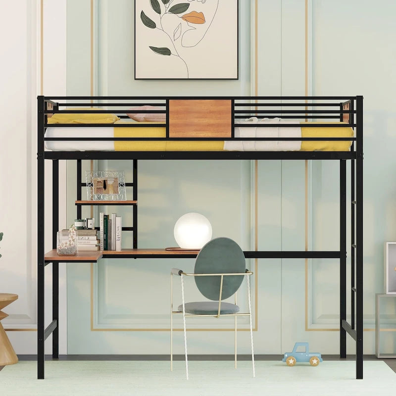 Twin Size Metal Loft Bed with Desk and Shelve