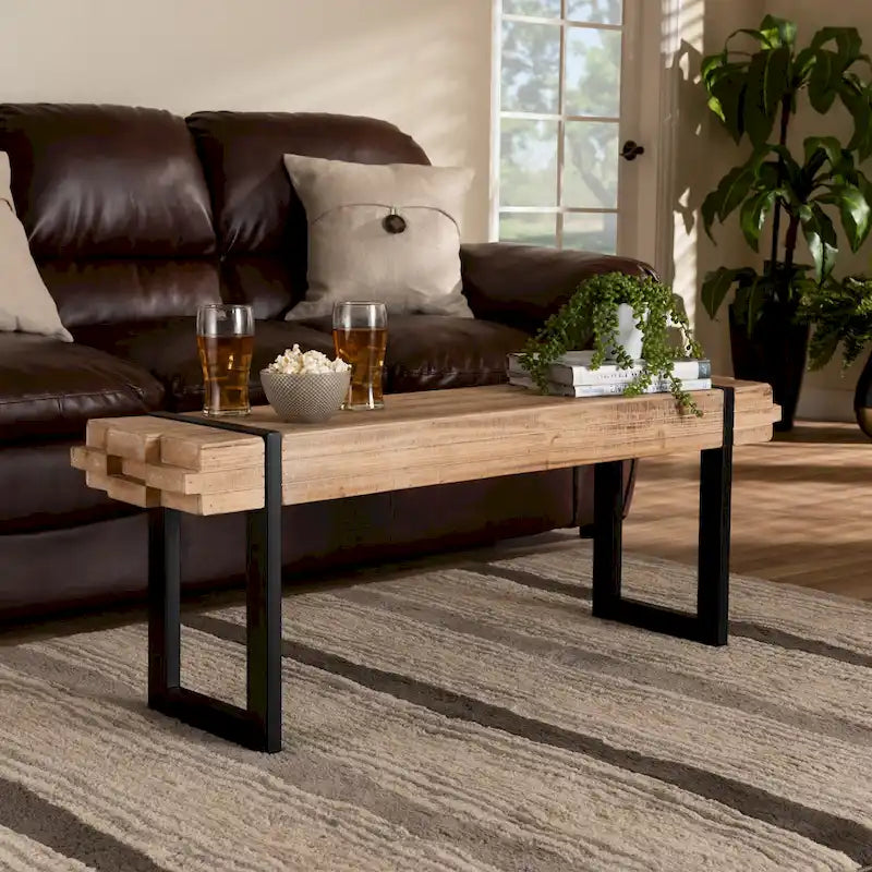Henson Natural Brown Finished Wood and Black Finished Metal Bench