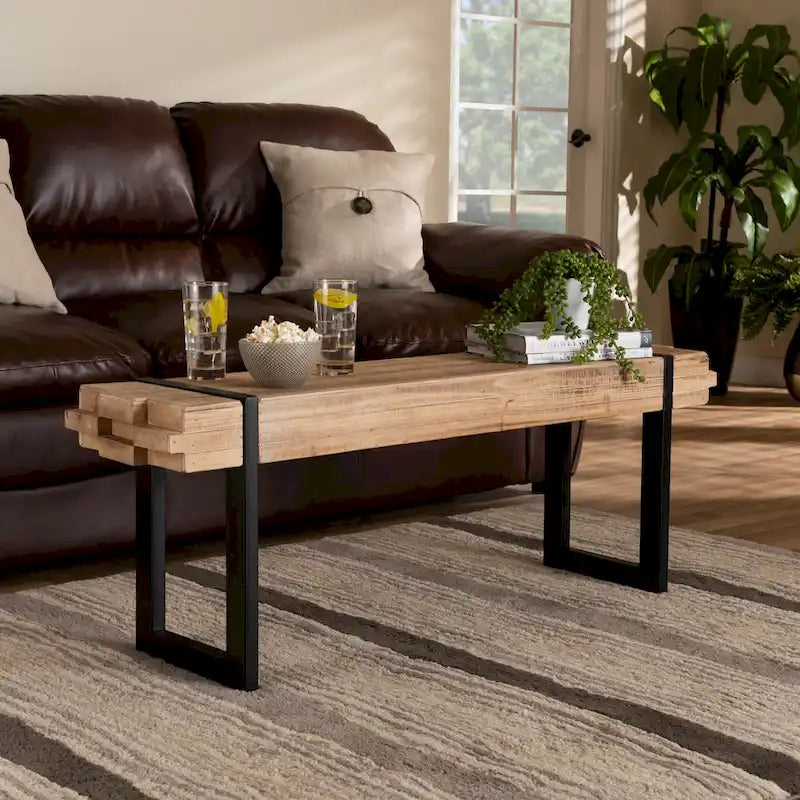 Henson Natural Brown Finished Wood and Black Finished Metal Bench