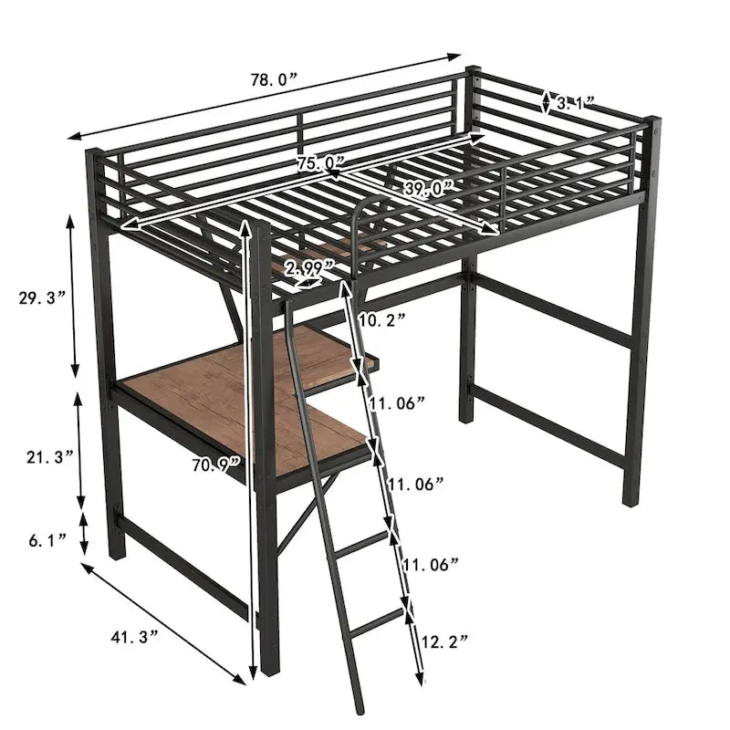 Nestfair Twin Size Metal Loft Bed with L-shaped Desk and Shelf