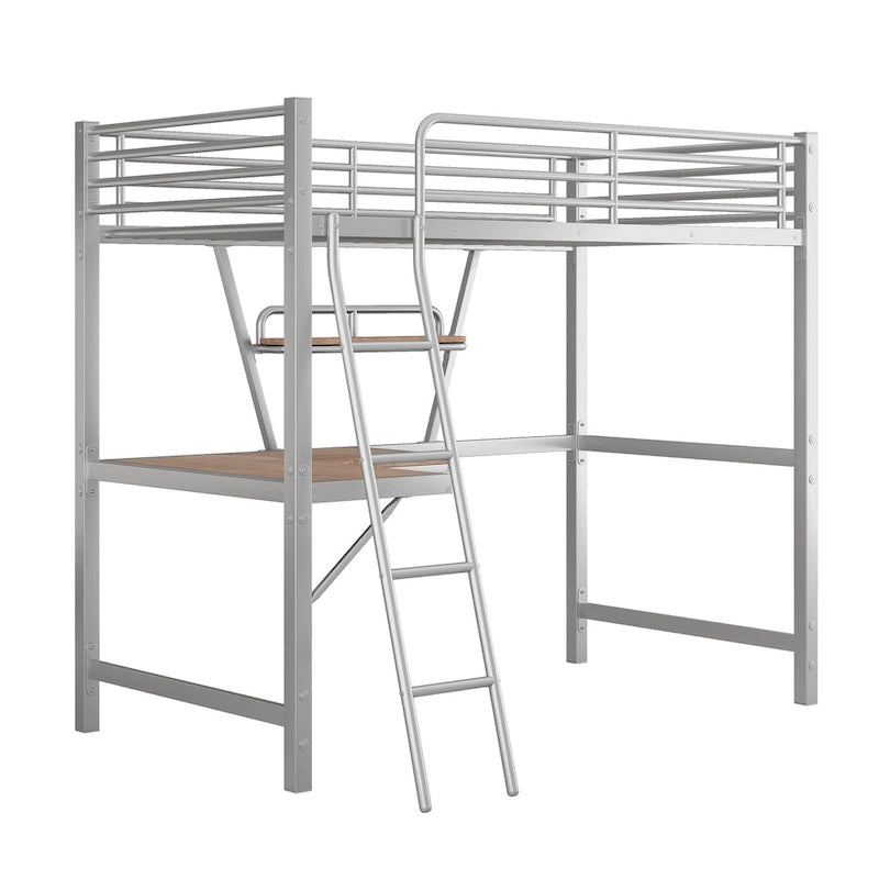 Nestfair Twin Size Metal Loft Bed with L-shaped Desk and Shelf