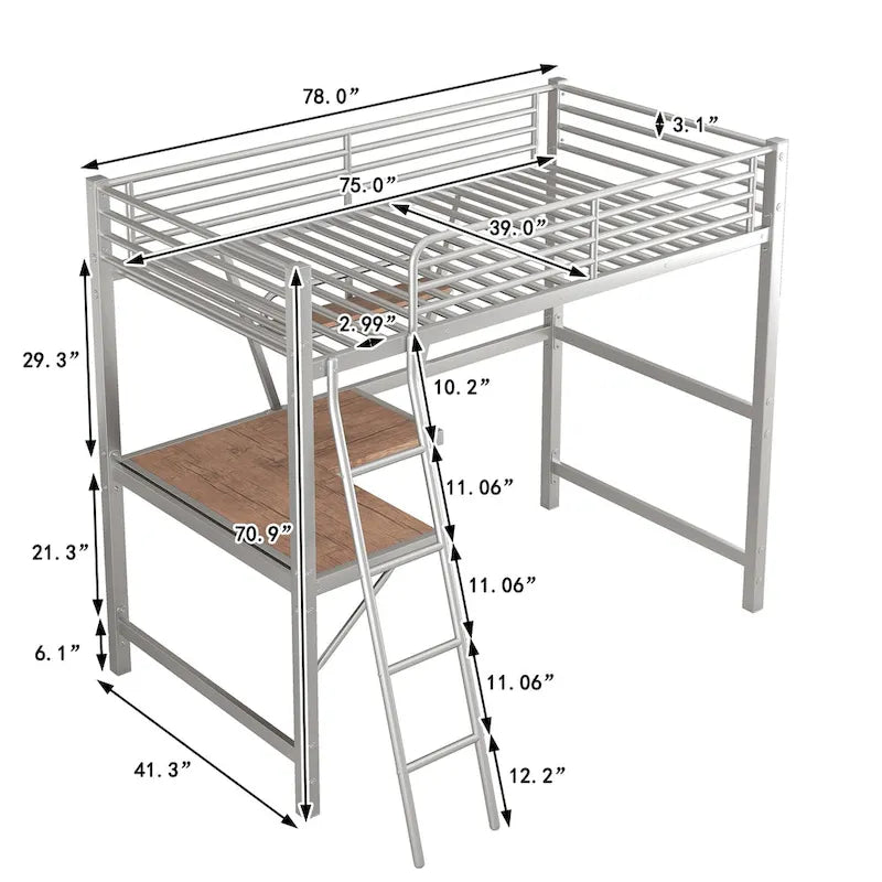 Nestfair Twin Size Metal Loft Bed with L-shaped Desk and Shelf