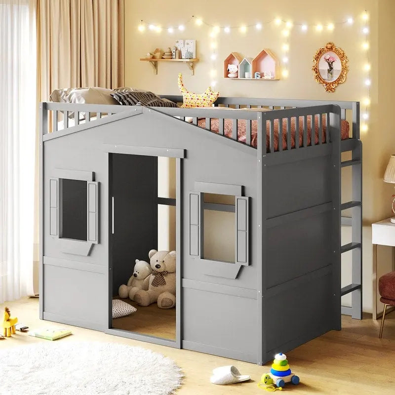Full Size House Design Loft Bed With Ladder and Windows