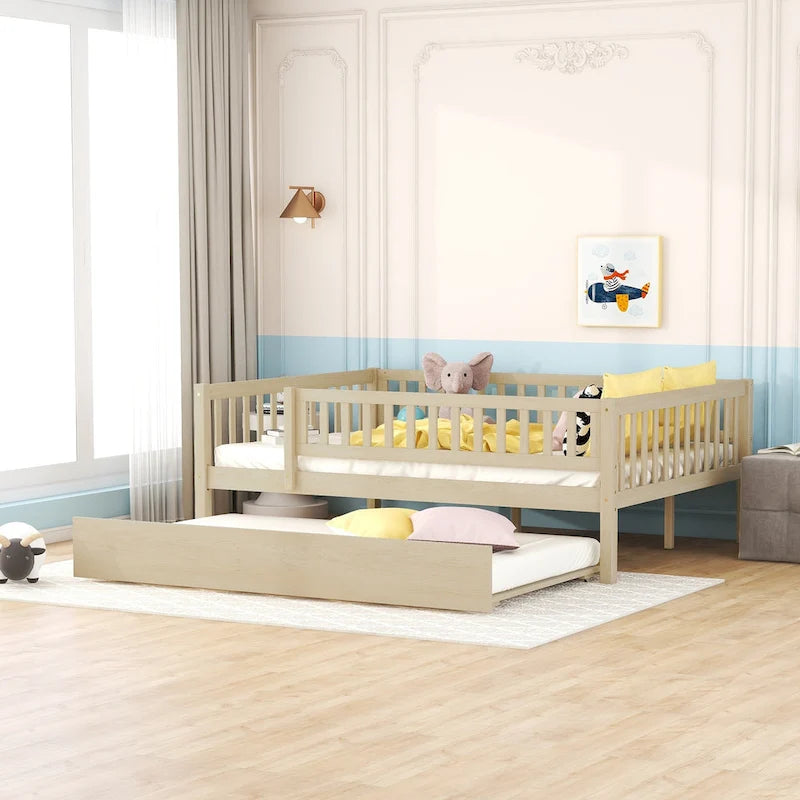 Full Size Wood Daybed with Trundle and Fence Guardrails