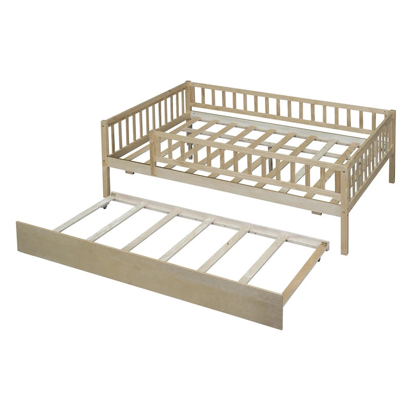 Full Size Wood Daybed with Trundle and Fence Guardrails