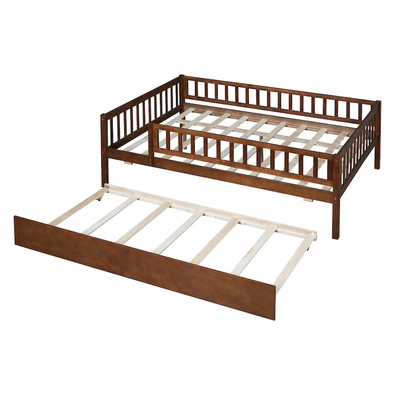 Full Size Wood Daybed with Trundle and Fence Guardrails
