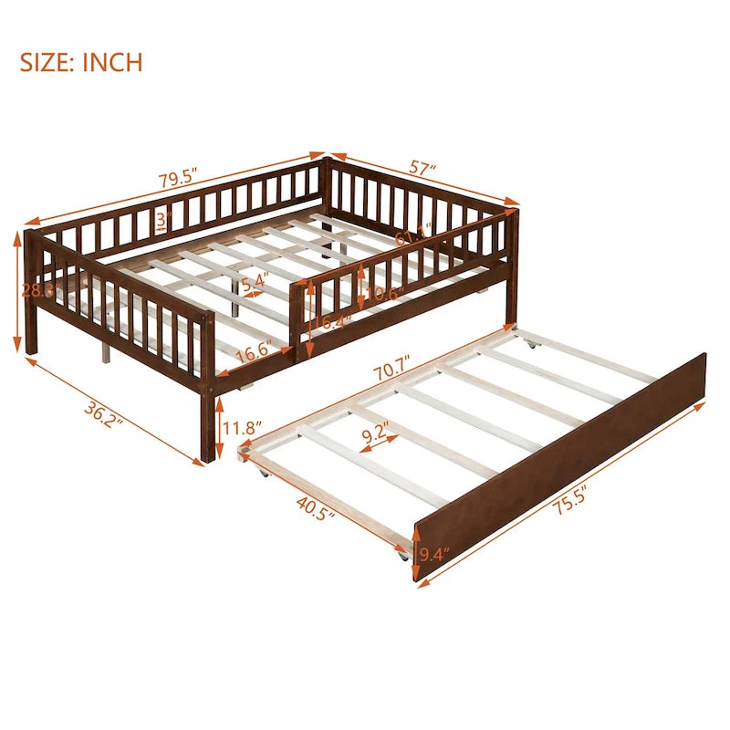 Full Size Wood Daybed with Trundle and Fence Guardrails
