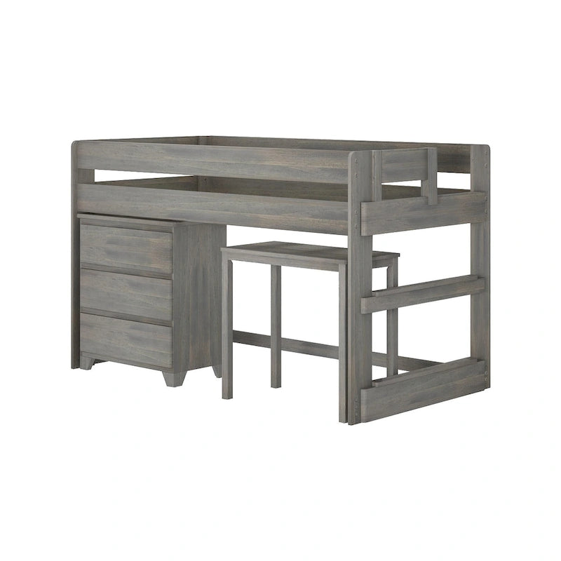 Max and Lily Farmhouse Twin-Size Low Loft with 4-Shelf Bookcase and Desk
