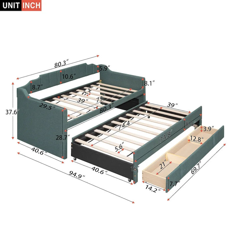 Nestfair Twin Size Upholstered Daybed with Trundle and Three Drawers