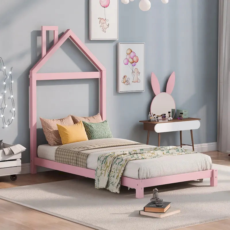 Twin Size Wood Platform Bed with House-shaped Headboard for Kids