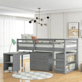 Low Loft Bed with Cabinet Shelves and Rolling Portable Desk