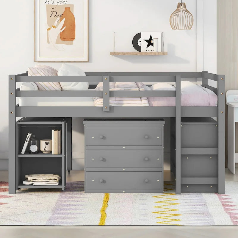 Low Loft Bed with Cabinet Shelves and Rolling Portable Desk