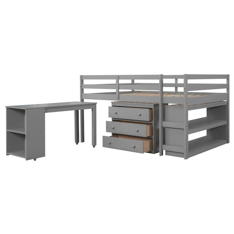 Low Loft Bed with Cabinet Shelves and Rolling Portable Desk