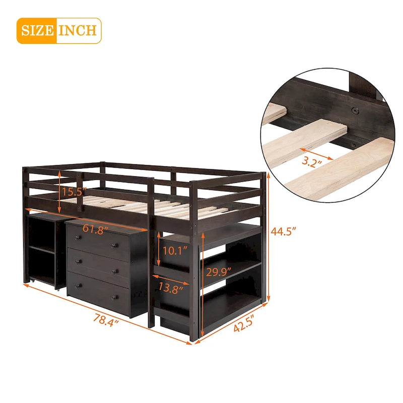 Low Loft Bed with Cabinet Shelves and Rolling Portable Desk