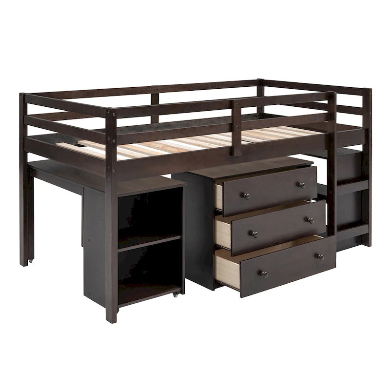 Low Loft Bed with Cabinet Shelves and Rolling Portable Desk