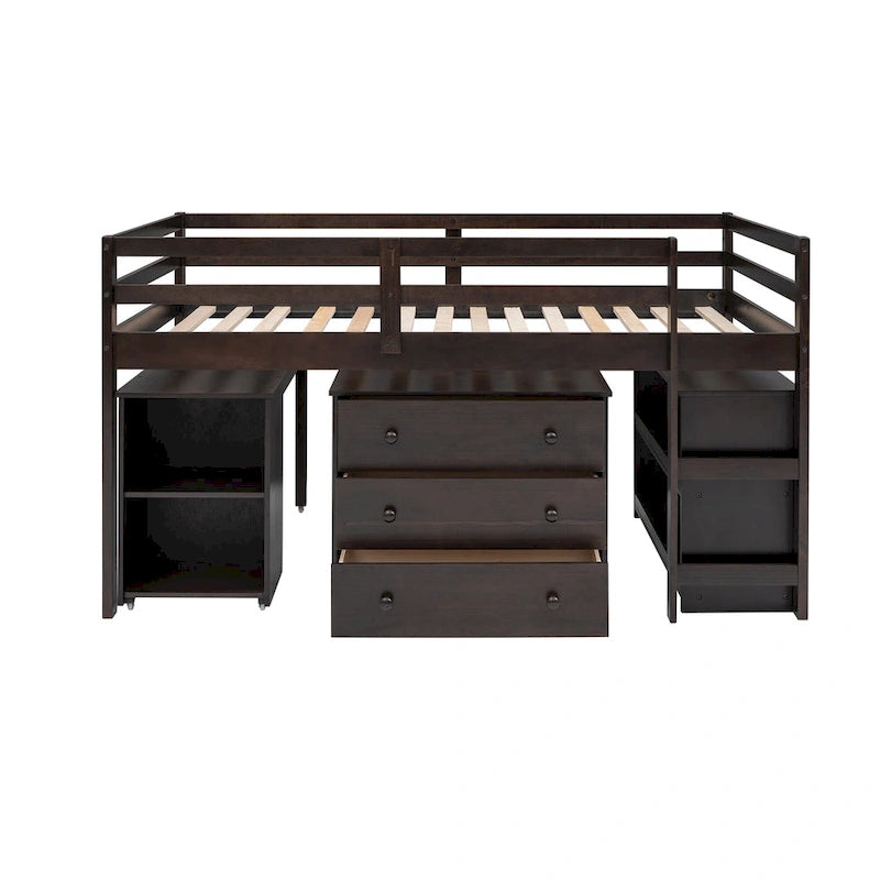 Low Loft Bed with Cabinet Shelves and Rolling Portable Desk