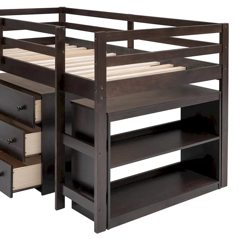 Low Loft Bed with Cabinet Shelves and Rolling Portable Desk