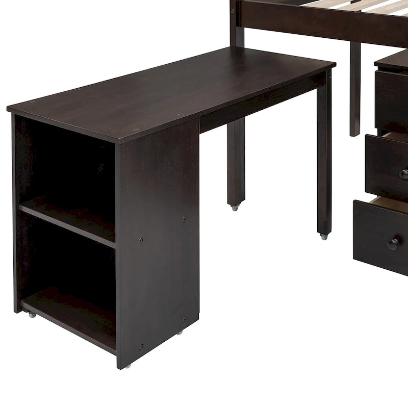 Low Loft Bed with Cabinet Shelves and Rolling Portable Desk
