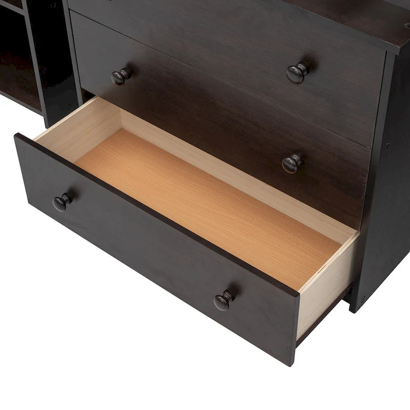 Low Loft Bed with Cabinet Shelves and Rolling Portable Desk