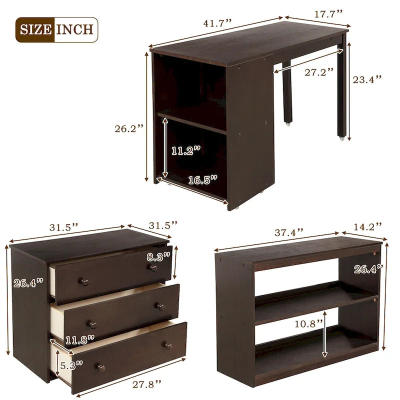 Low Loft Bed with Cabinet Shelves and Rolling Portable Desk