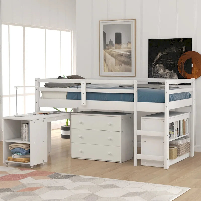 Low Loft Bed with Cabinet Shelves and Rolling Portable Desk