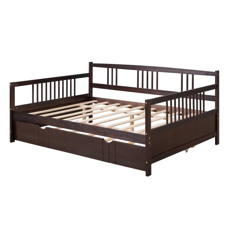 Full Daybed with Twin Size Trundle, Wood Full Size Bed Frame with Rails in Three Sides