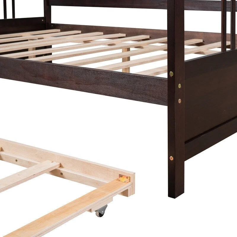 Full Daybed with Twin Size Trundle, Wood Full Size Bed Frame with Rails in Three Sides