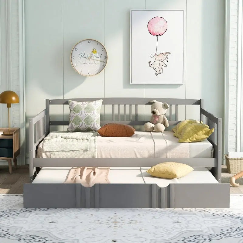 Full Daybed with Twin Size Trundle, Wood Full Size Bed Frame with Rails in Three Sides