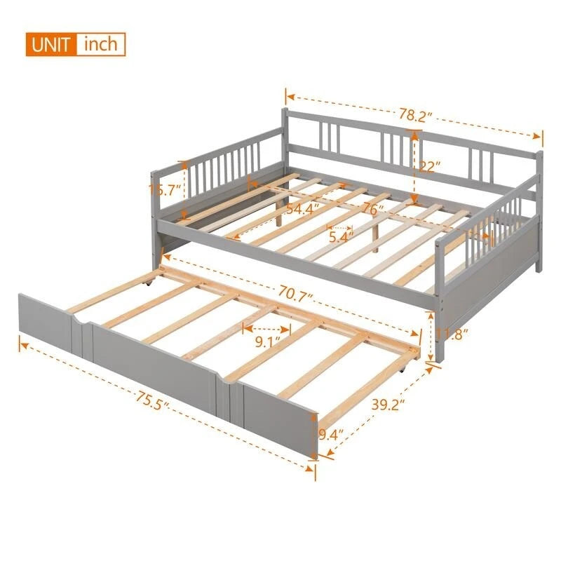Full Daybed with Twin Size Trundle, Wood Full Size Bed Frame with Rails in Three Sides