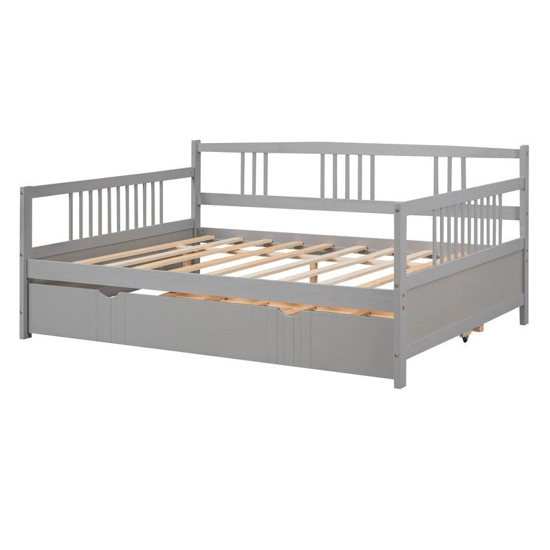 Full Daybed with Twin Size Trundle, Wood Full Size Bed Frame with Rails in Three Sides