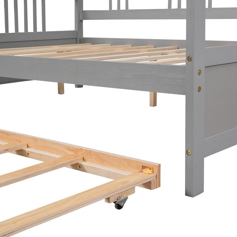 Full Daybed with Twin Size Trundle, Wood Full Size Bed Frame with Rails in Three Sides