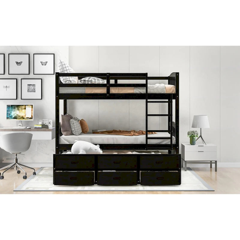 Wood Bunk Bed with Trundle and Drawers