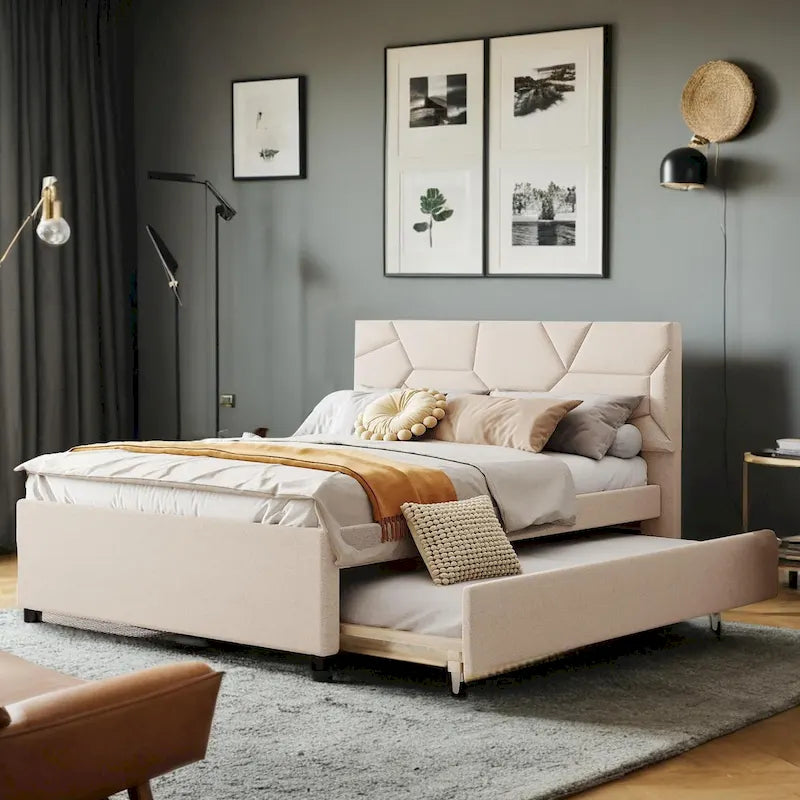 Full Size Upholstered Platform Bed with Trundle(Twin) & 2 Drawers for Kids,Adult Bedroom,Wooden Bedframe