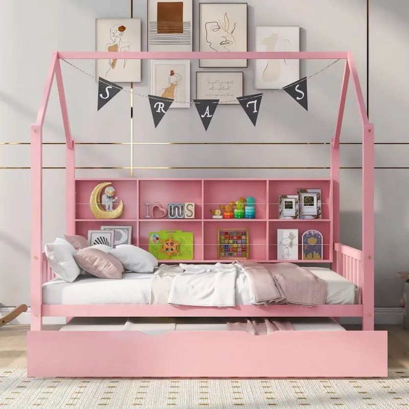 Wood Bed Frame with Side Storage Bookcase Shelf Guardrail Trundle Bed