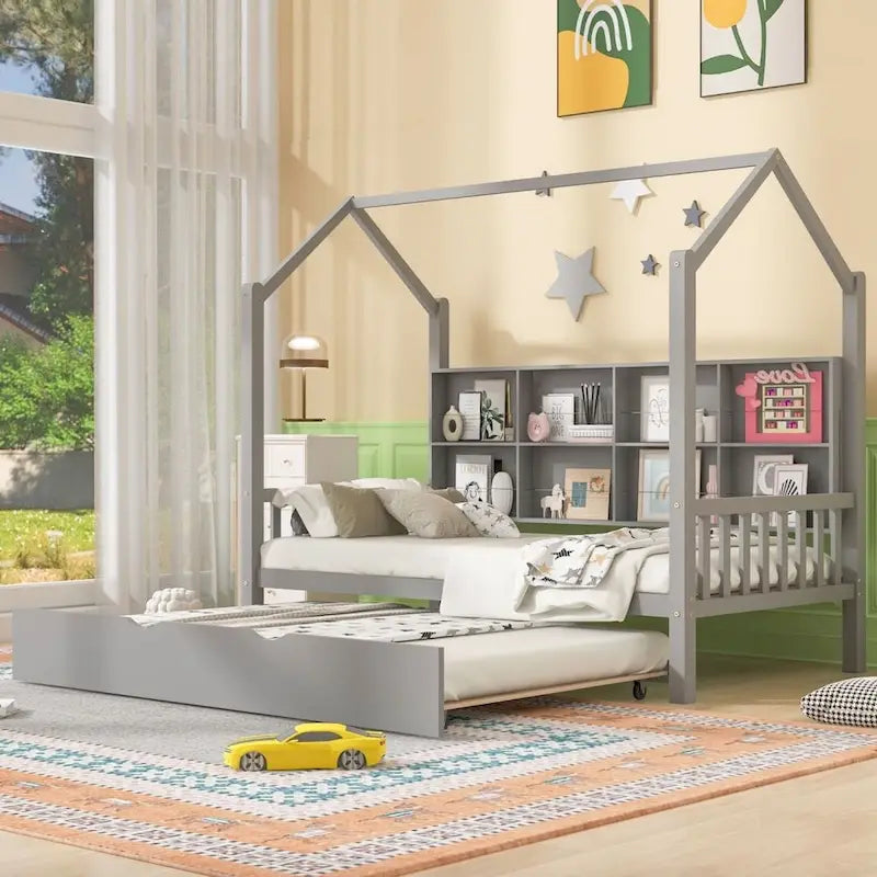 Wood Bed Frame with Side Storage Bookcase Shelf Guardrail Trundle Bed