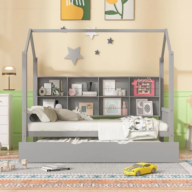 Wood Bed Frame with Side Storage Bookcase Shelf Guardrail Trundle Bed