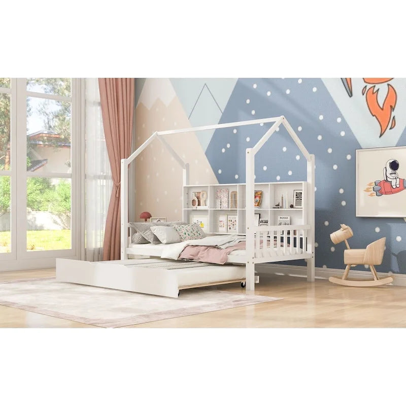 Wood Bed Frame with Side Storage Bookcase Shelf Guardrail Trundle Bed