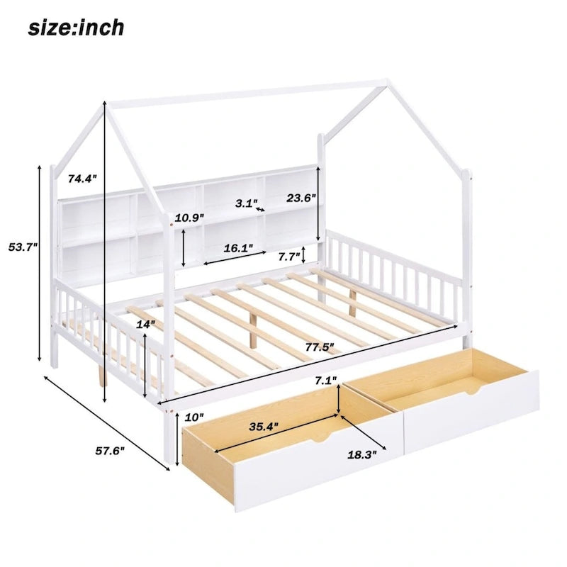 Wood Bed Frame with Side Storage Bookcase Shelf Guardrail Trundle Bed