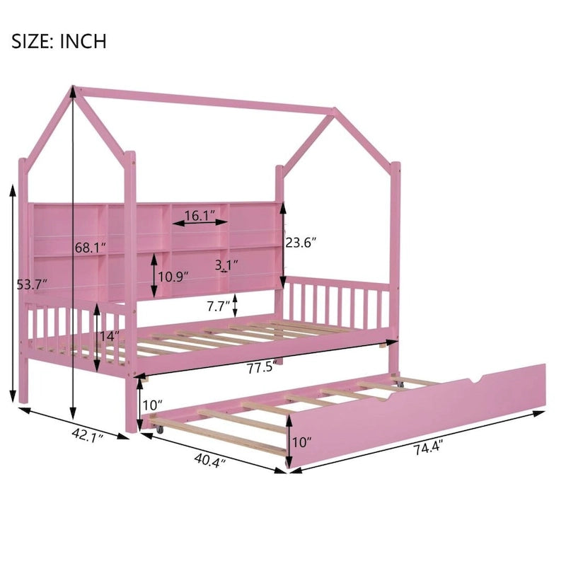 Wood Bed Frame with Side Storage Bookcase Shelf Guardrail Trundle Bed