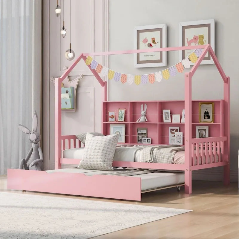 Wood Bed Frame with Side Storage Bookcase Shelf Guardrail Trundle Bed