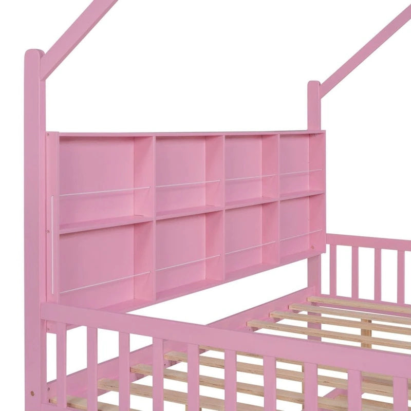 Wood Bed Frame with Side Storage Bookcase Shelf Guardrail Trundle Bed