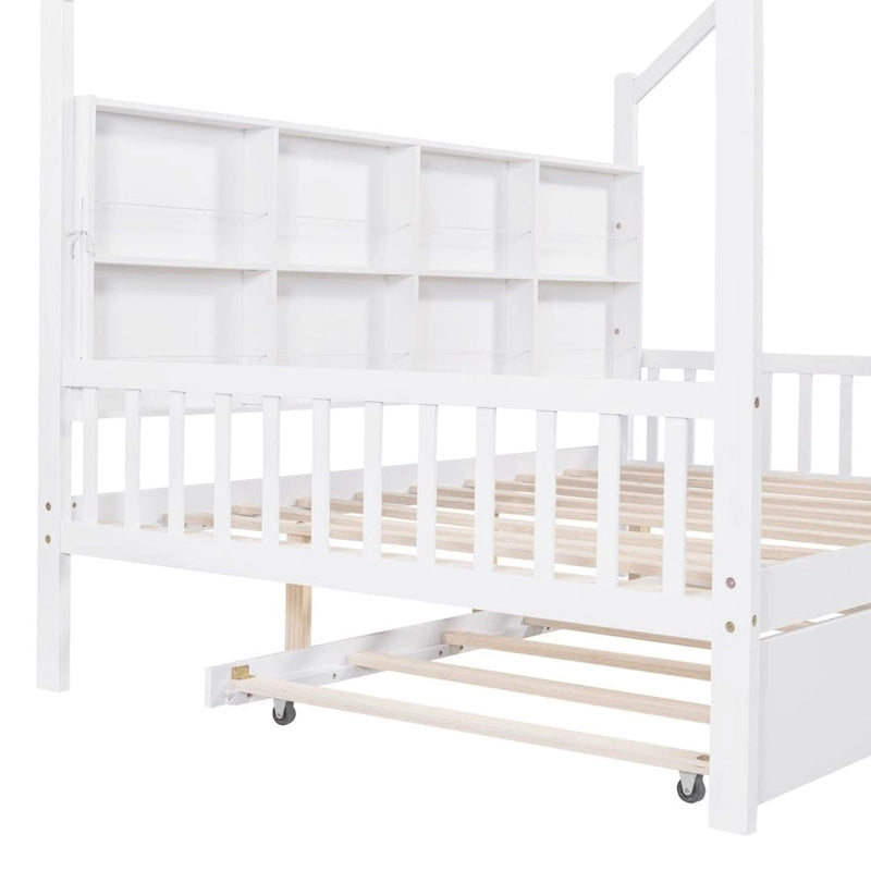 Wood Bed Frame with Side Storage Bookcase Shelf Guardrail Trundle Bed