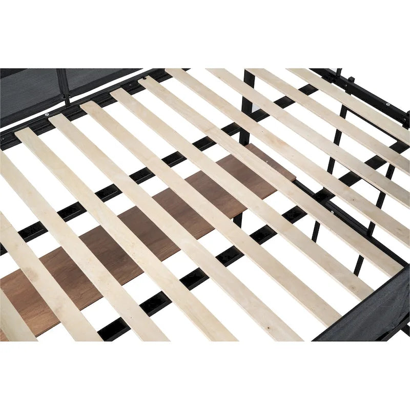 Metal Full Size Loft Bed with Desk & Shelves/ Sturdy Metal Bed Frame/ Noise-free Wood Slats/ Guardrail/ Built-in Desk