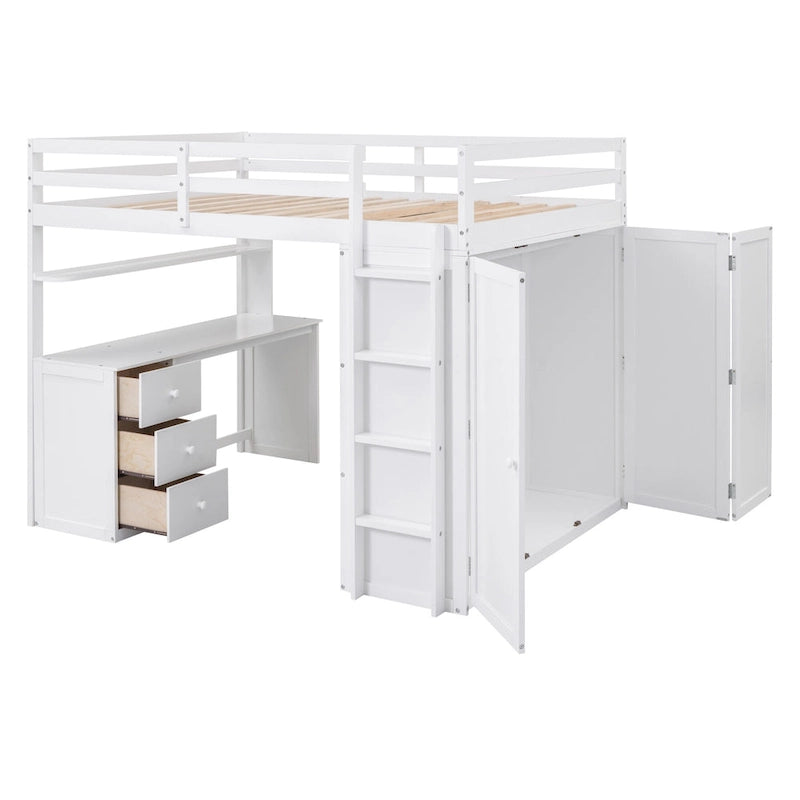 Full size Loft Bed with Drawers,Desk,and Wardrobe-Gray