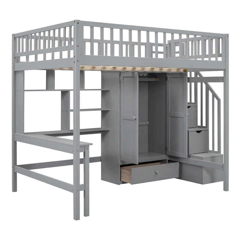 Full size Loft Bed with Bookshelf,Drawers,Desk,and Wardrobe-Espresso
