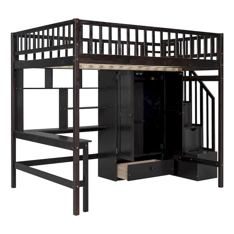 Full size Loft Bed with Bookshelf,Drawers,Desk,and Wardrobe-Espresso
