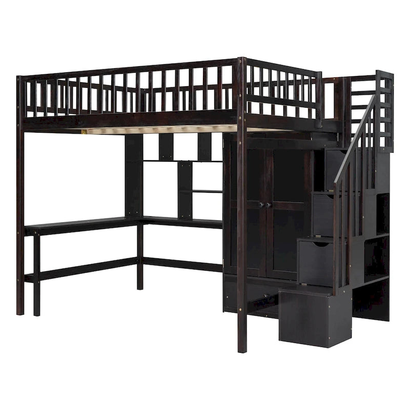 Full size Loft Bed with Bookshelf,Drawers,Desk,and Wardrobe-Espresso