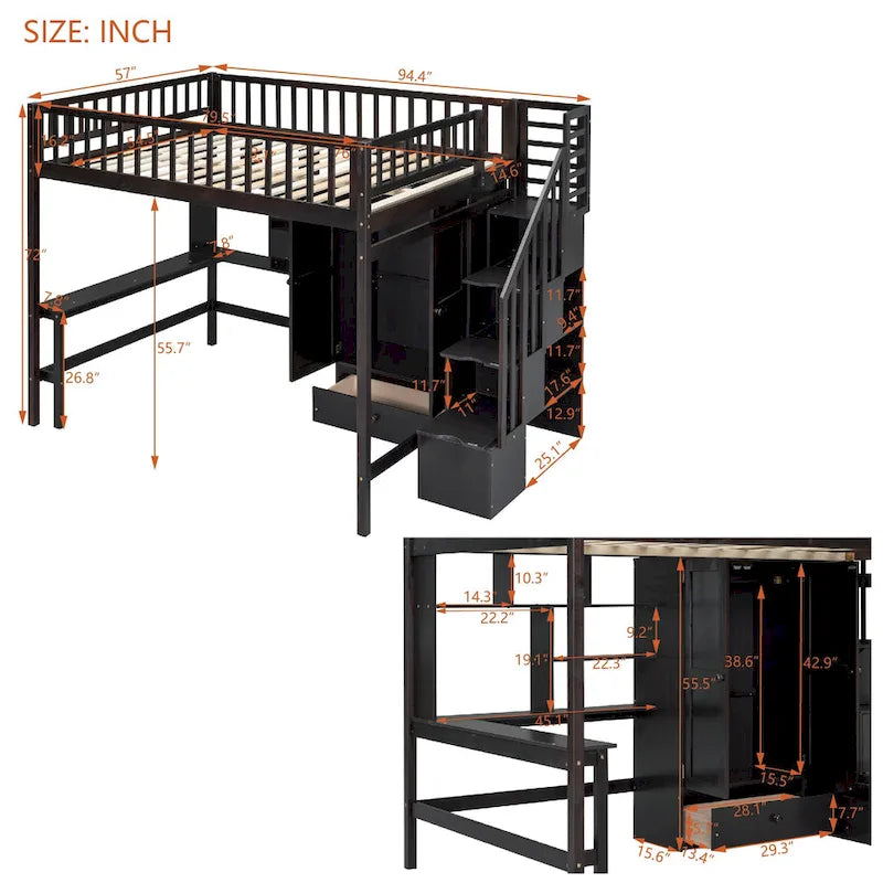 Full size Loft Bed with Bookshelf,Drawers,Desk,and Wardrobe-Espresso