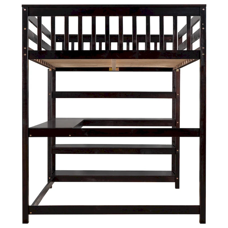 Full Size Loft Bed with Storage Shelves and Under-bed Desk, Espresso