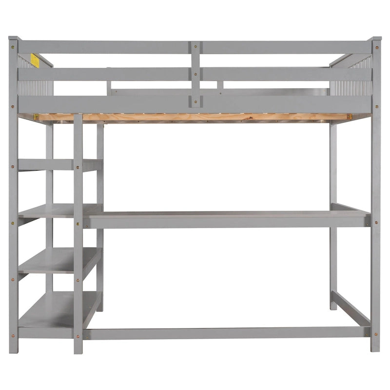 Full Size Loft Bed with Storage Shelves and Under-bed Desk, Espresso